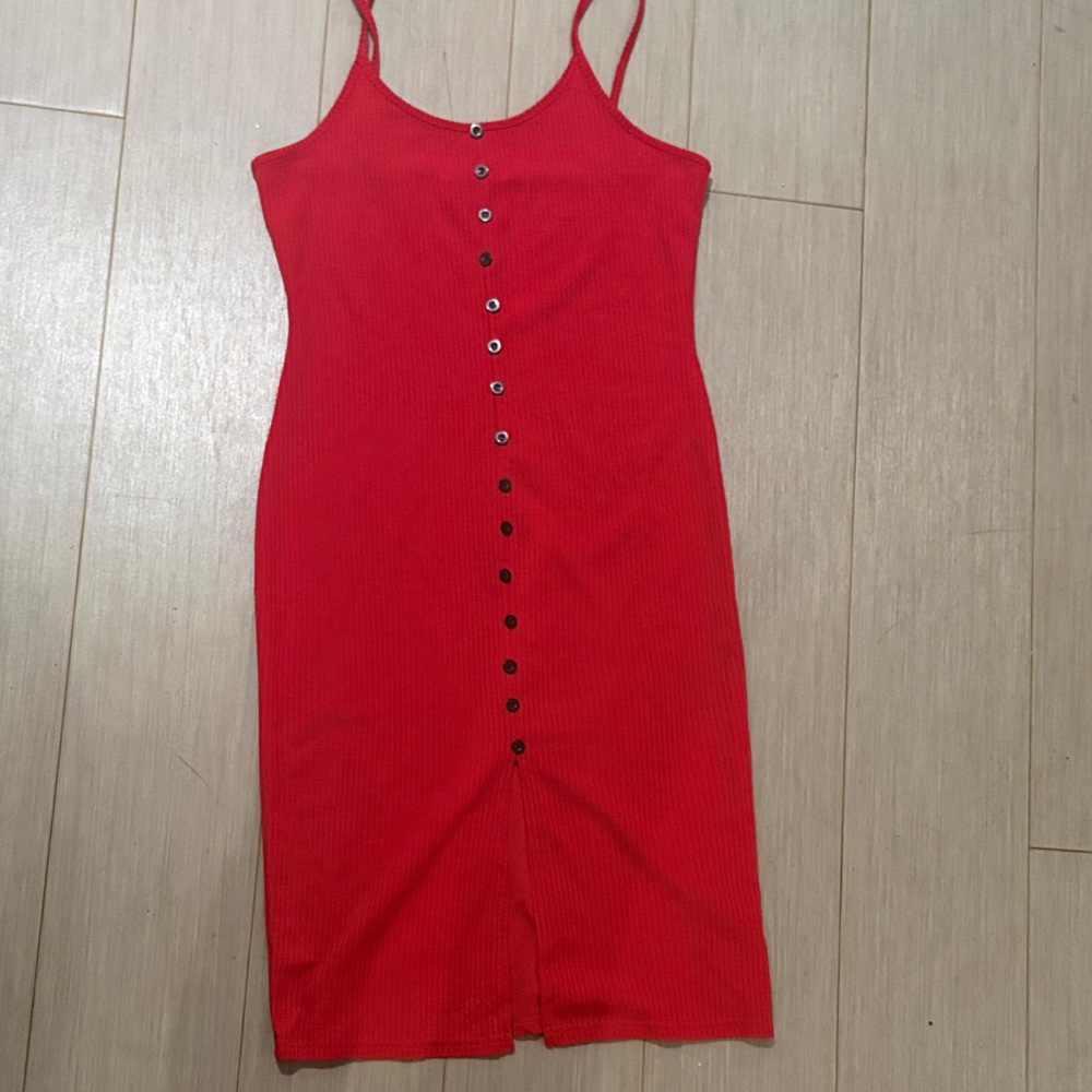 Red Button-Front Ribbed Tank Dress